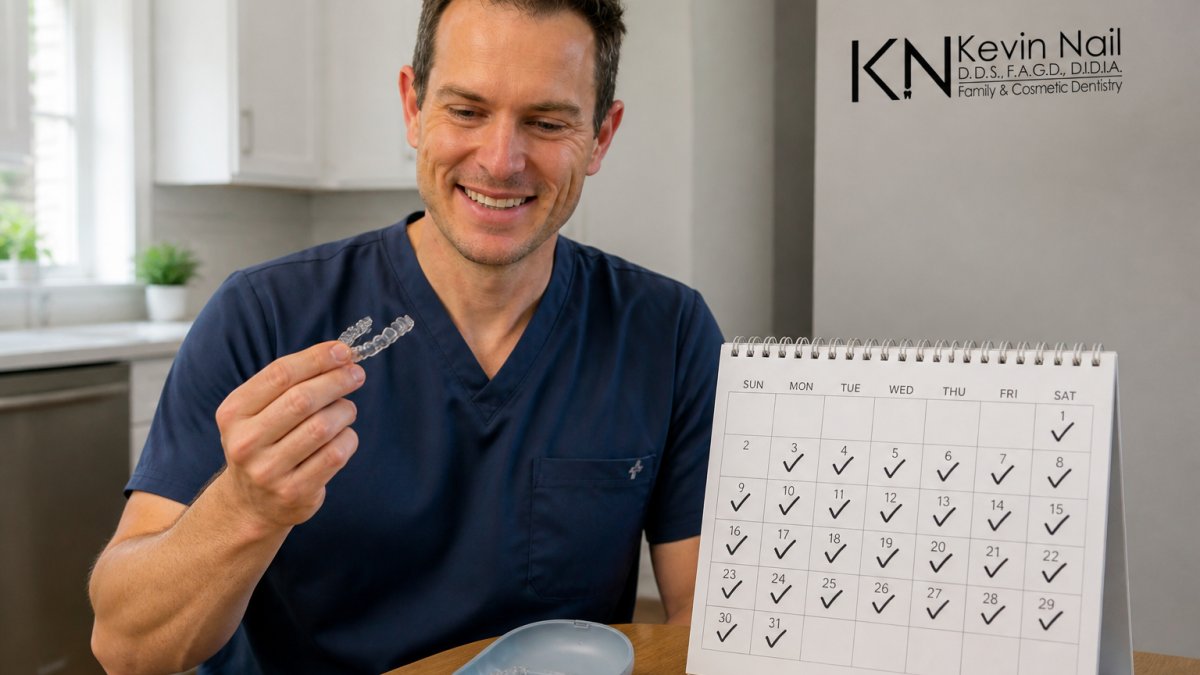 A close-up photo of an adult holding a clear aligner tray next to a wall calendar marked with daily checkmarks, sitting at a bright kitchen table in morning light