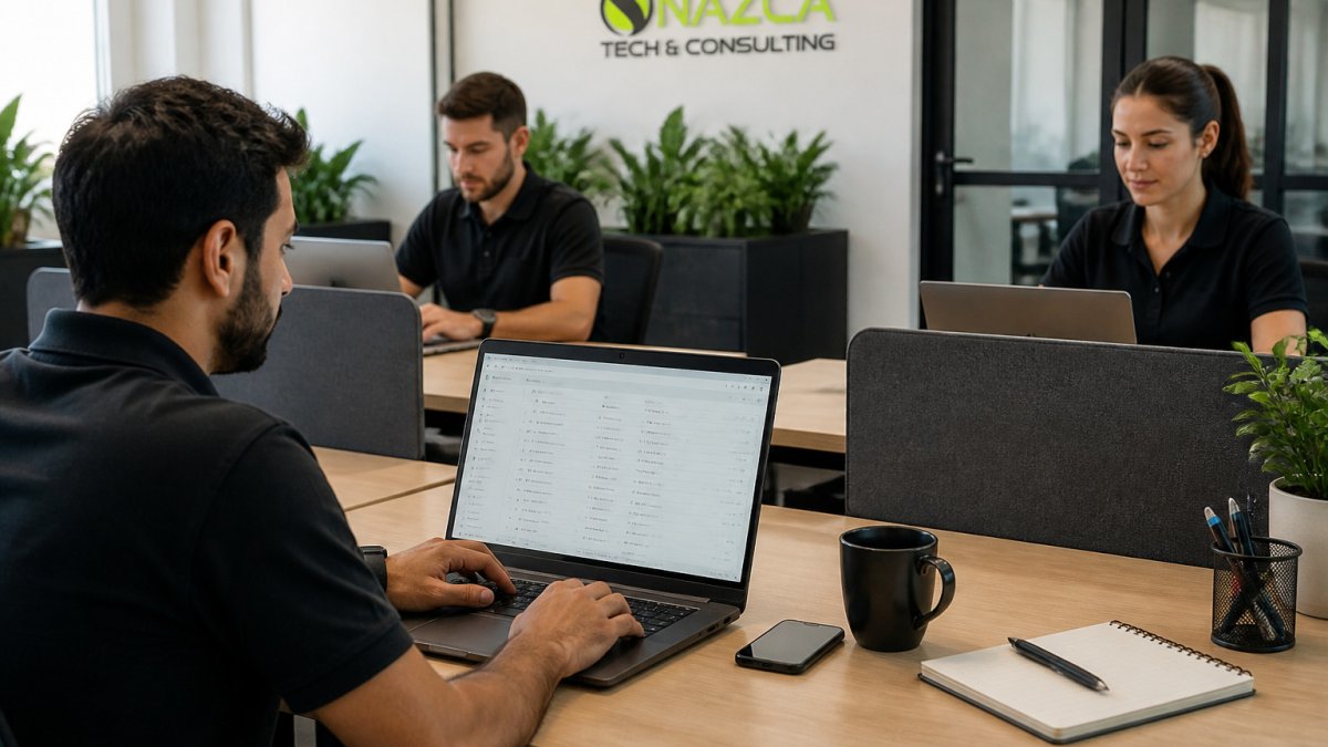 Startup support team using a cloud help desk to manage tickets in a bright, collaborative office space.
