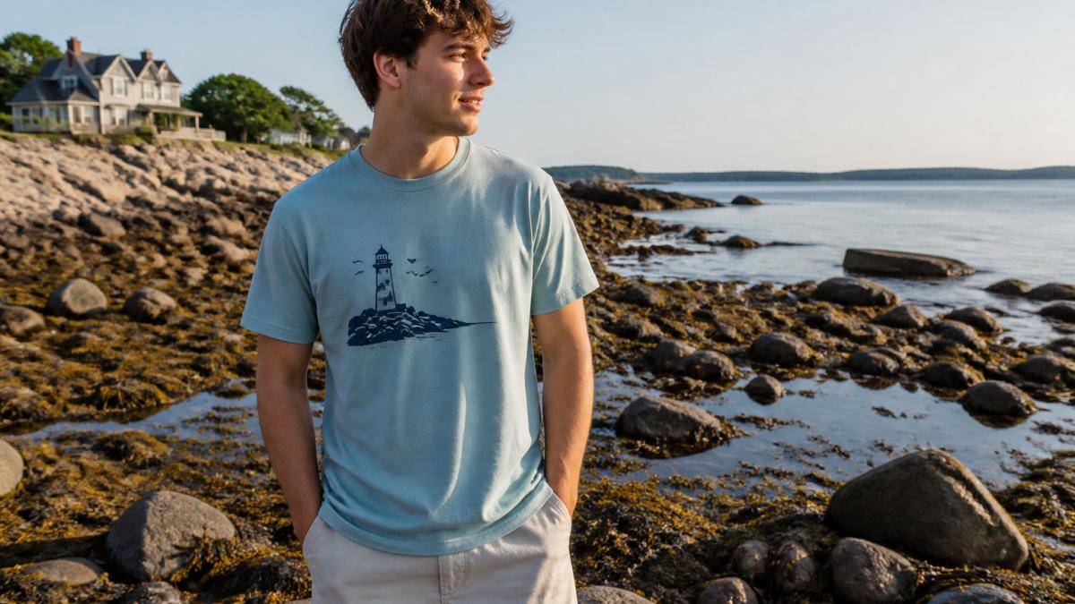 A young adult wearing a relaxed coastal graphic tee standing near a rocky New England shoreline at low tide, soft morning light, casual and natural pose