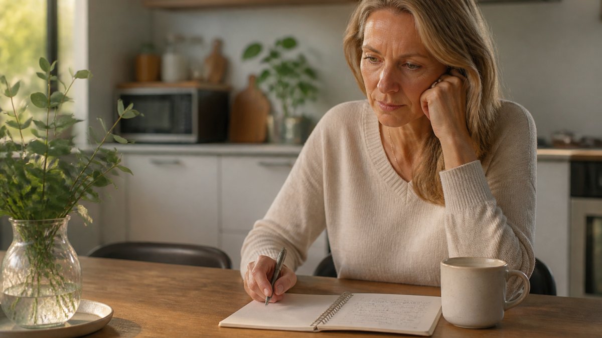 A woman in her late 40s sitting at a kitchen table with a notebook and a cup of tea, looking thoughtfully at her notes in soft morning light