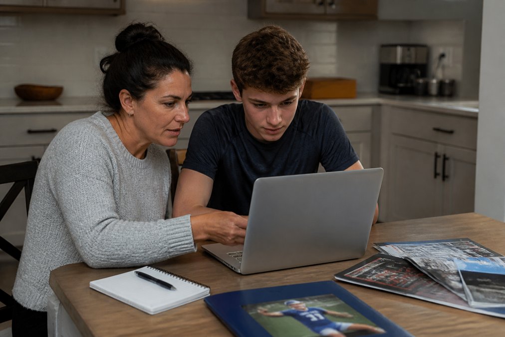 A parent and teenage athlete reviewing a laptop screen together at a kitchen table, with recruiting materials and a notebook nearby