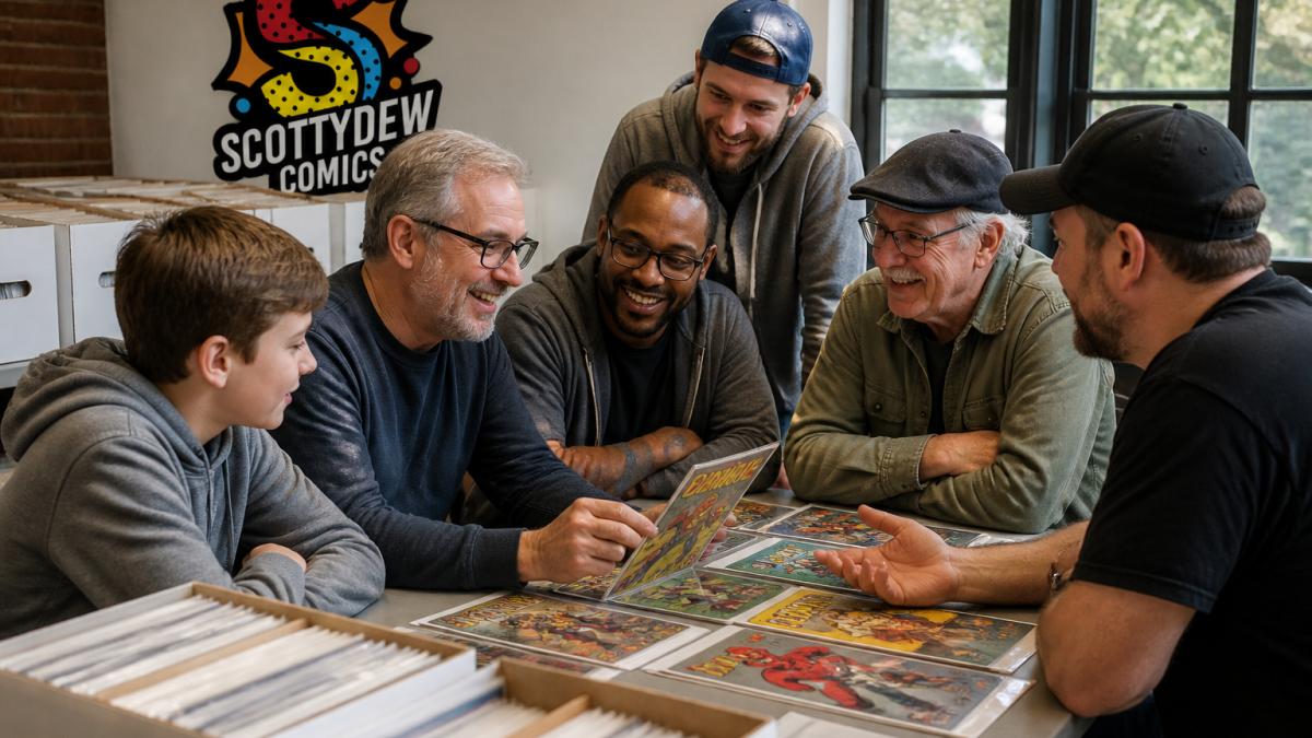 Group of comic book collectors of varying ages examining and discussing comic books together at a community event, with genuine enthusiasm and engagement visible on their faces
