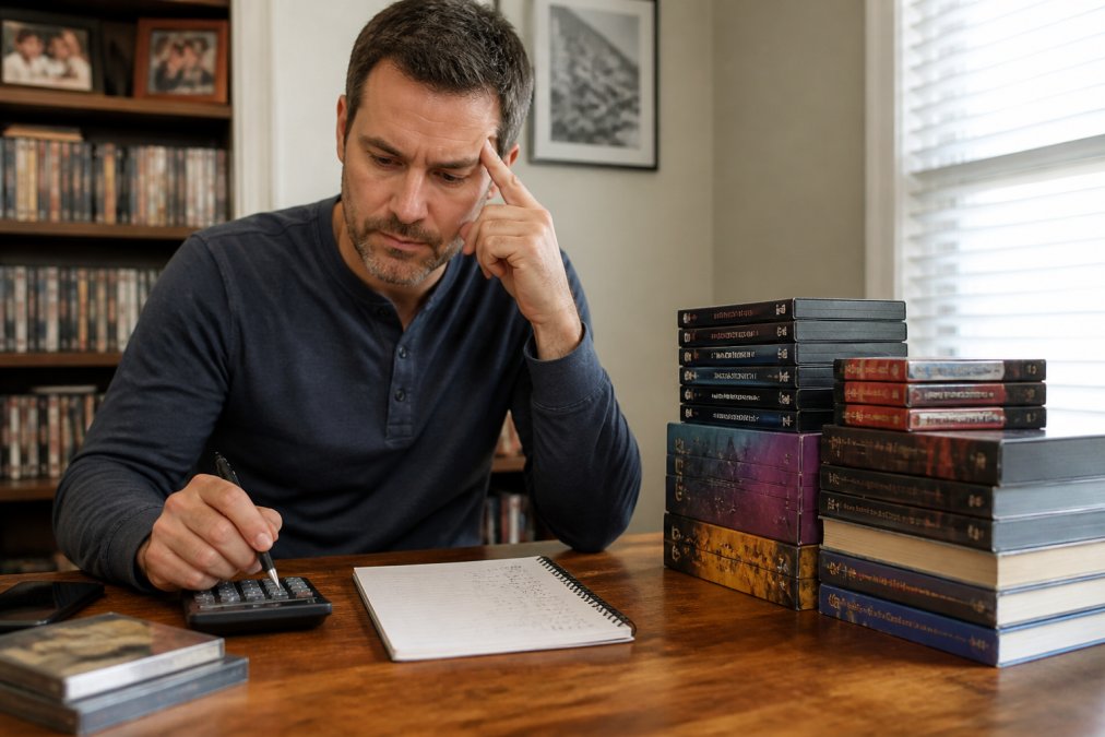A person sitting at a wooden desk with a calculator, a notepad with handwritten numbers, and a stack of DVD box sets and book bundles nearby, looking thoughtfully at the comparison