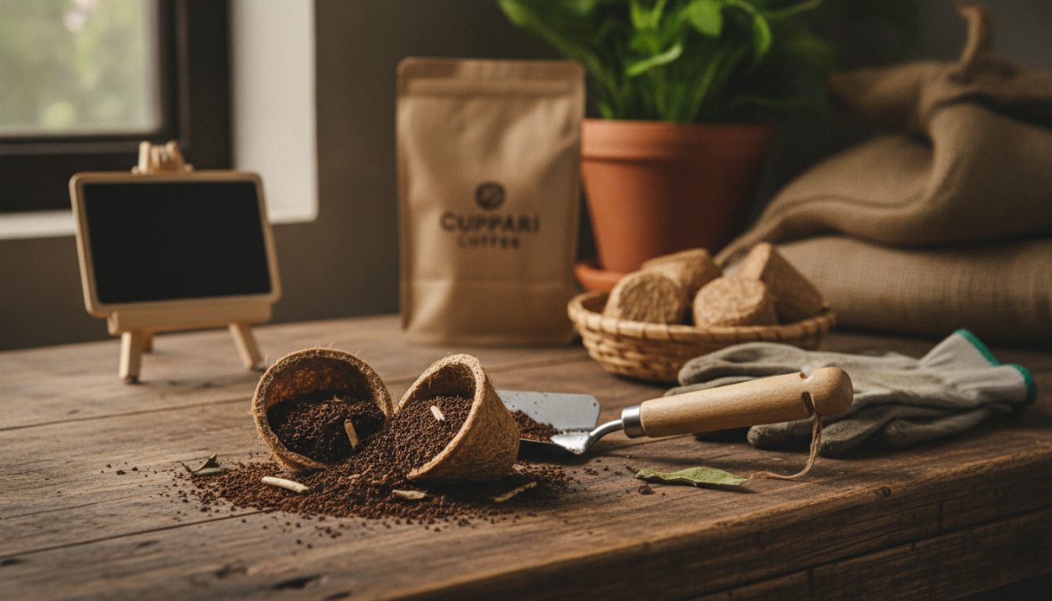 Close-up of hands holding a compostable coffee pod over a compost bin filled with dark soil and organic matter, with morning sunlight illuminating the scene