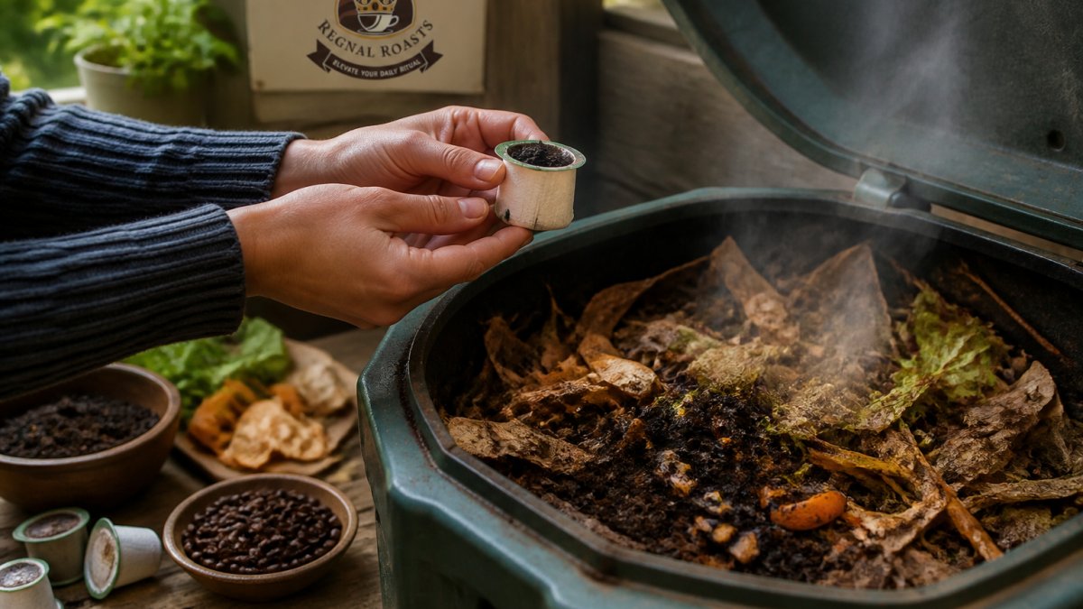 Close-up of hands holding a compostable coffee pod over an open compost bin filled with brown leaves, kitchen scraps, and dark soil with steam rising from decomposing organic matter