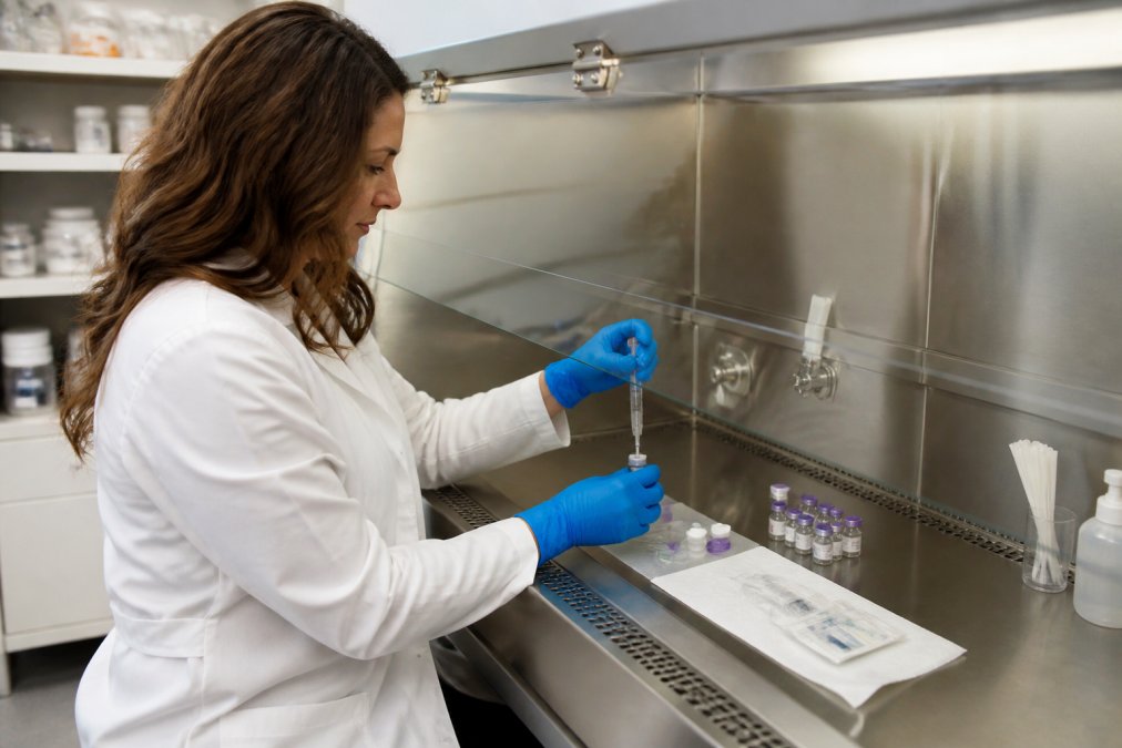 Pharmacist in white coat carefully measuring and preparing peptide medication in sterile compounding hood with precise equipment and safety protocols in modern pharmacy setting