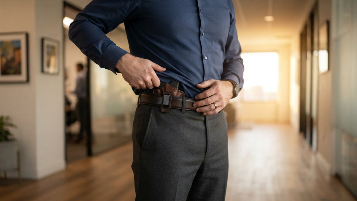 Man in a dress shirt and slacks with a concealed holster tucked neatly under his belt in an office hallway.