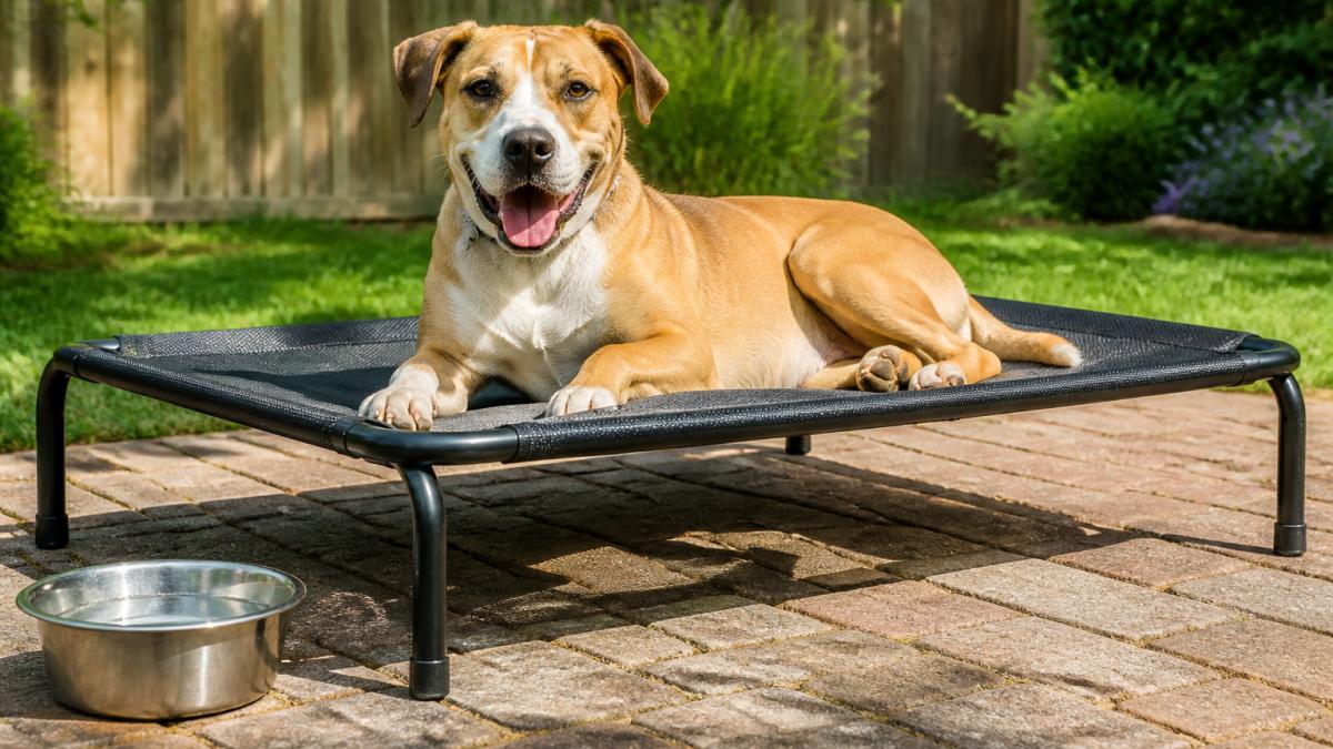 A medium-size dog resting on a mesh elevated pet cot in a sunny backyard, with clear space visible beneath the frame and a water bowl nearby