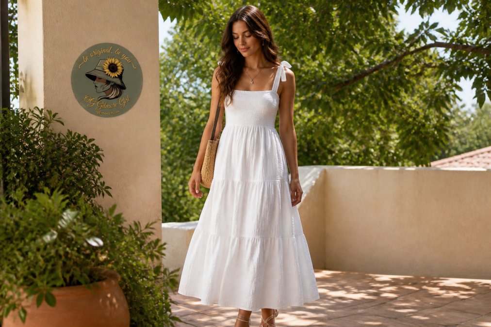 A woman in a lightweight tiered cotton sundress standing on a sunlit patio, relaxed pose, garden greenery behind her, natural afternoon light
