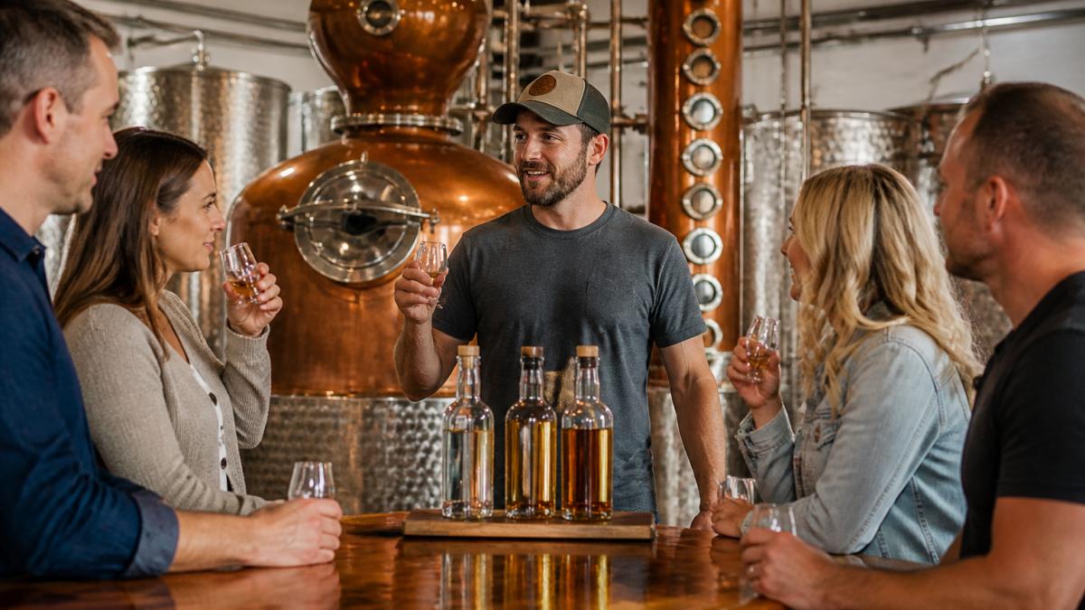 Group of adults sampling craft spirits at a wooden bar with a copper still in a distillery.
