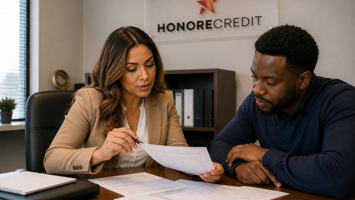 Professional credit consultant reviewing credit report documents with client at desk in modern office, both examining paperwork under warm lighting