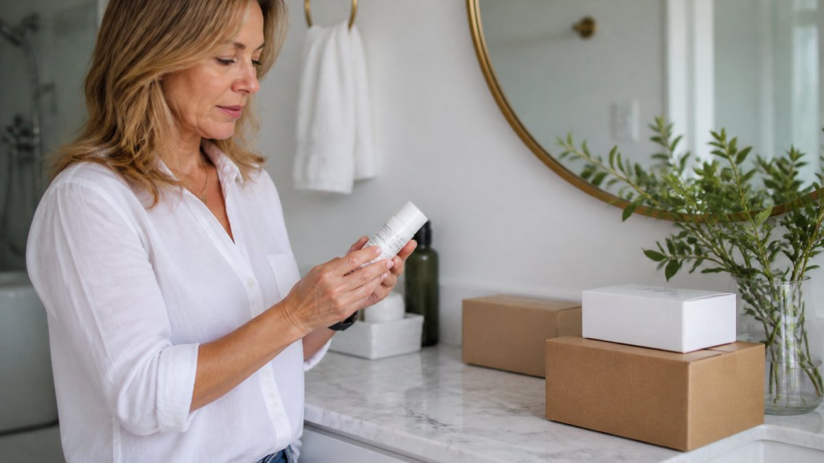 A woman in her 40s examining the ingredient label of a skincare product at a bright bathroom counter, with a few unopened boxes nearby
