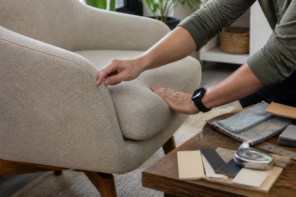 Close-up of hands examining the seams, stitching, and wood grain texture of a fabric-covered chair in natural daylight, with a second hand checking the firmness of cushion padding