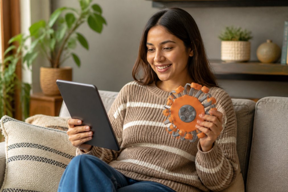 Person browsing an online store on a tablet while relaxing at home with a satisfied expression, natural home lighting, comfortable setting
