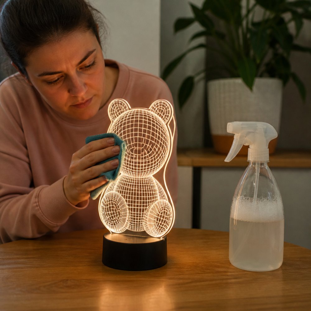 A person using a soft microfibre cloth to gently wipe a glowing acrylic 3D LED lamp on a wooden desk, with a spray bottle of mild soapy water nearby