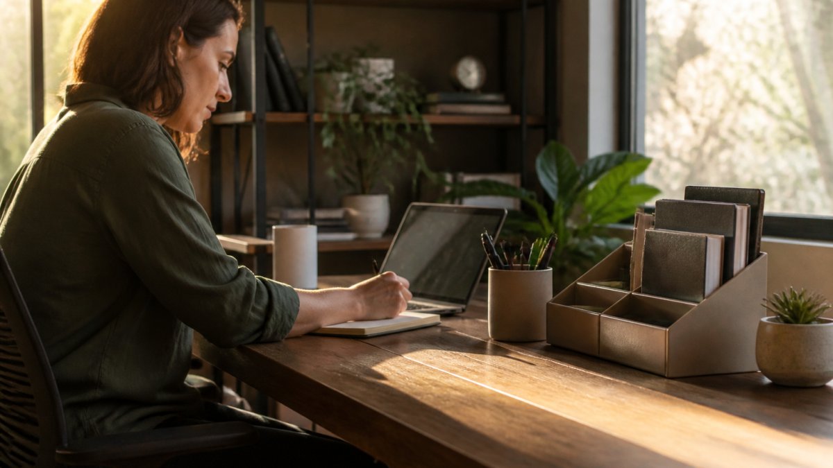 Tidy desk with branded desk accessories including a pencil cup, letter holder, and organizer in a home office.