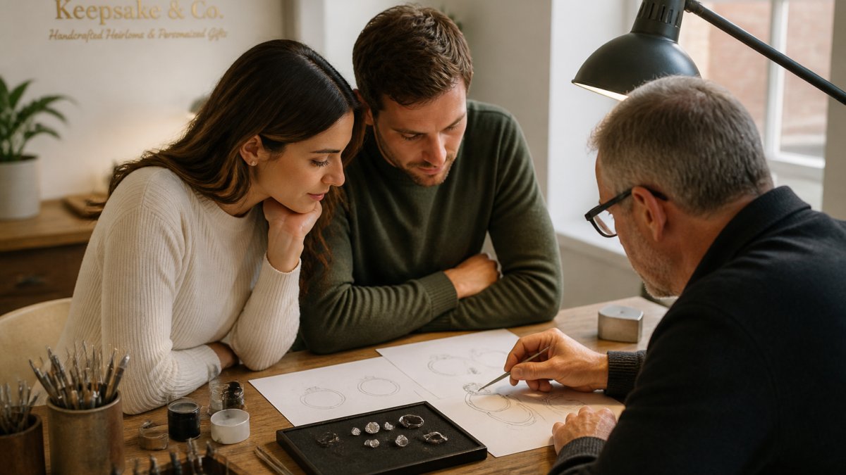 A jeweler and a couple leaning over a workbench, reviewing diamond sketches and loose gemstones under a bright desk lamp in a small studio