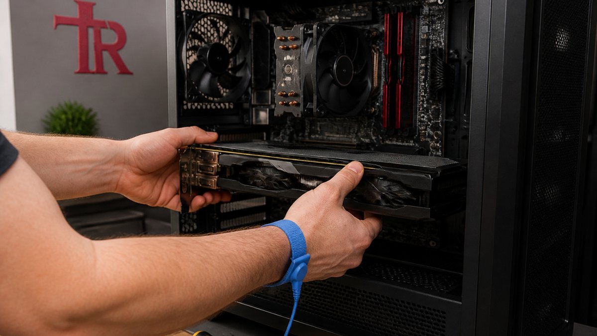 Hands installing a graphics card into a custom gaming pc motherboard on a clean workbench with a wrist strap.