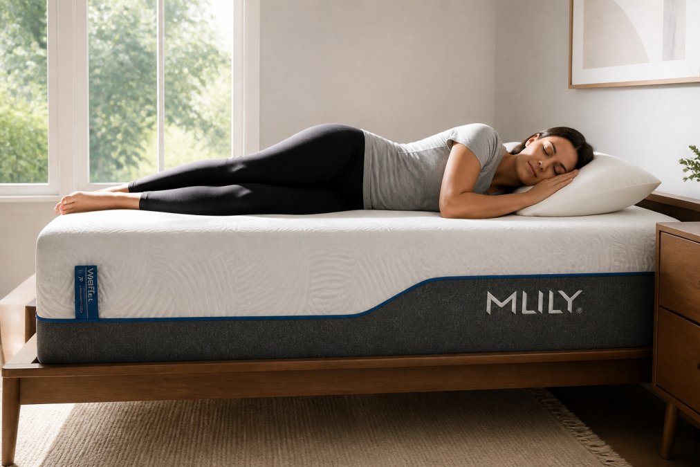 Person sleeping peacefully on a custom-fitted mattress in a well-lit bedroom with morning sunlight, showing proper spinal alignment and relaxed posture