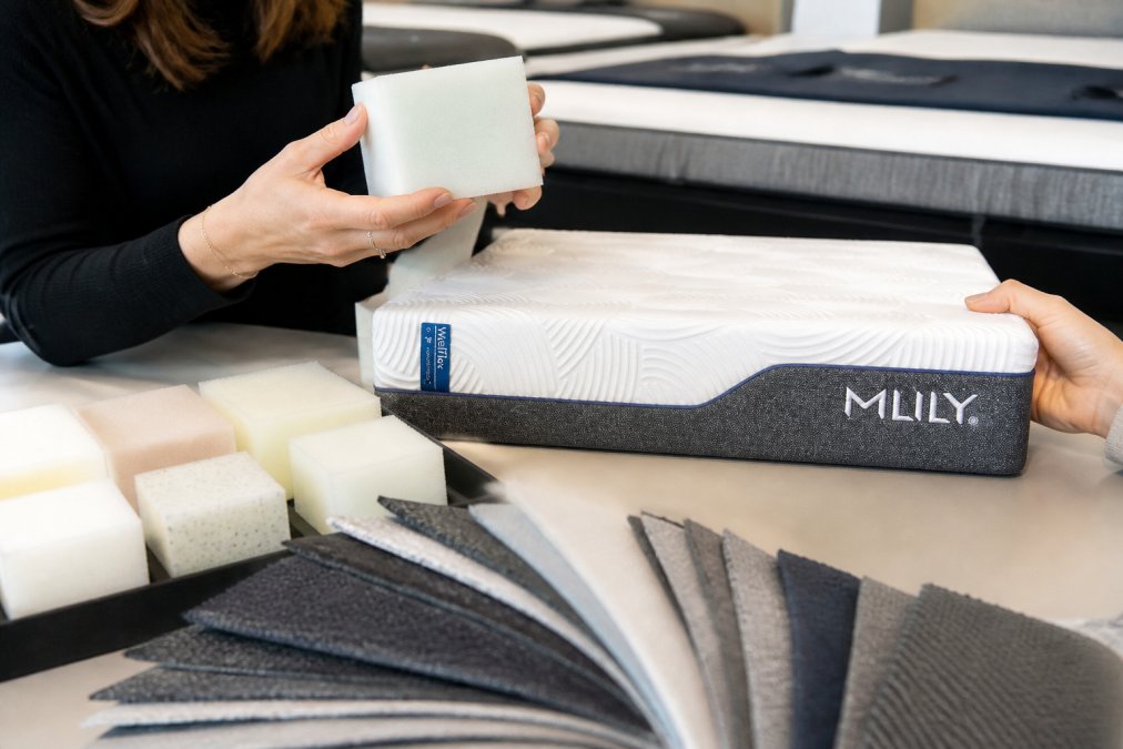 Close-up of hands examining mattress foam samples and material swatches during a custom mattress consultation, with samples arranged on a table showing different densities and textures