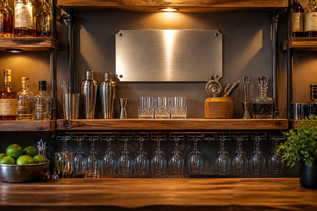Personalized custom metal signs mounted above a cozy home bar with wooden shelves and glassware.