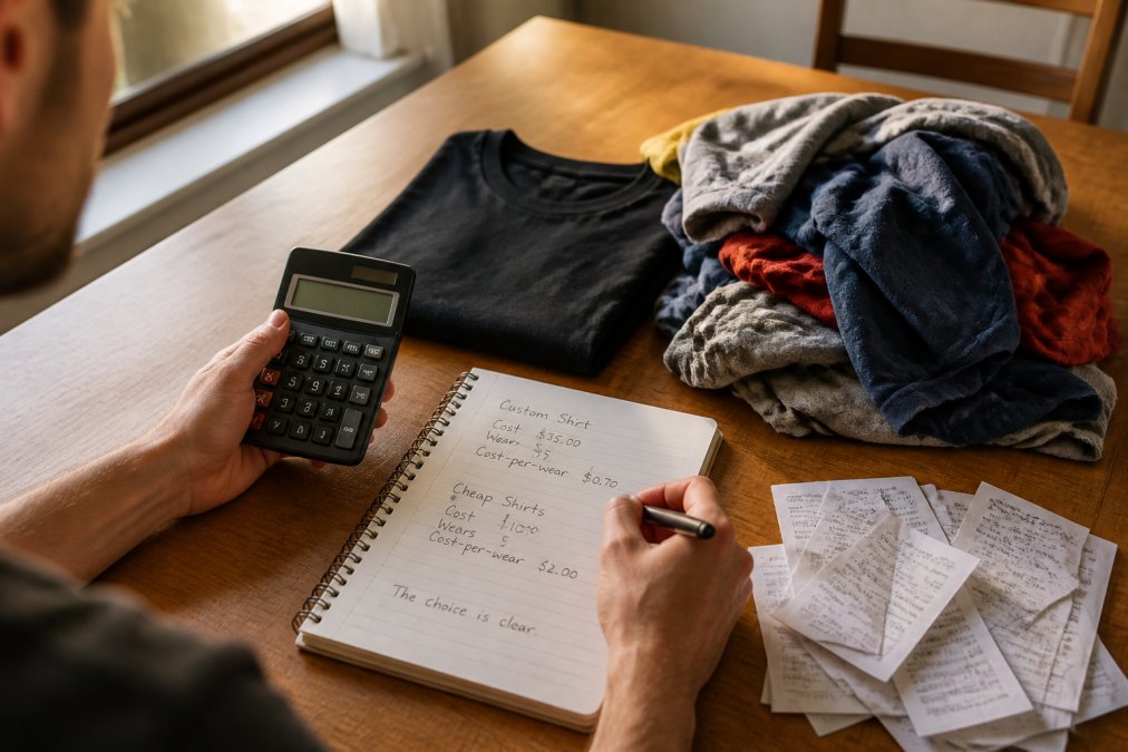 A person at a wooden kitchen table holding a calculator beside a folded custom t-shirt and a messy pile of faded cheaper shirts, handwritten cost-per-wear figures on a notepad, warm afternoon light through a window