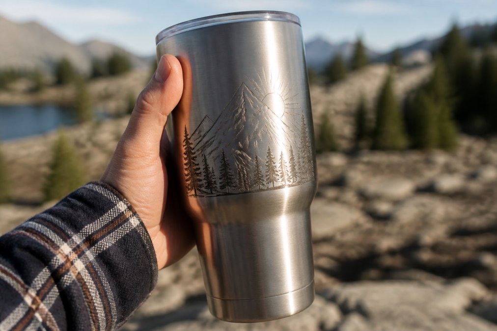 Close-up of a stainless steel custom tumbler with laser-engraved design held in someone's hand, showing the matte finish and intricate detail of the engraving in natural sunlight