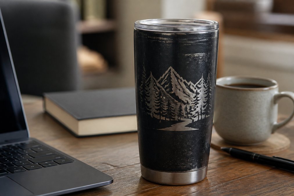 A well-used custom tumbler on a desk next to a laptop and coffee, showing it in everyday real-world use with visible wear but intact laser-engraved design and functioning lid