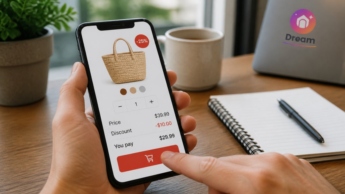 Close-up of a smartphone screen displaying an online shopping cart with product details, pricing, and discount percentage clearly visible, with a shopper's hand hovering over the checkout button in natural daylight
