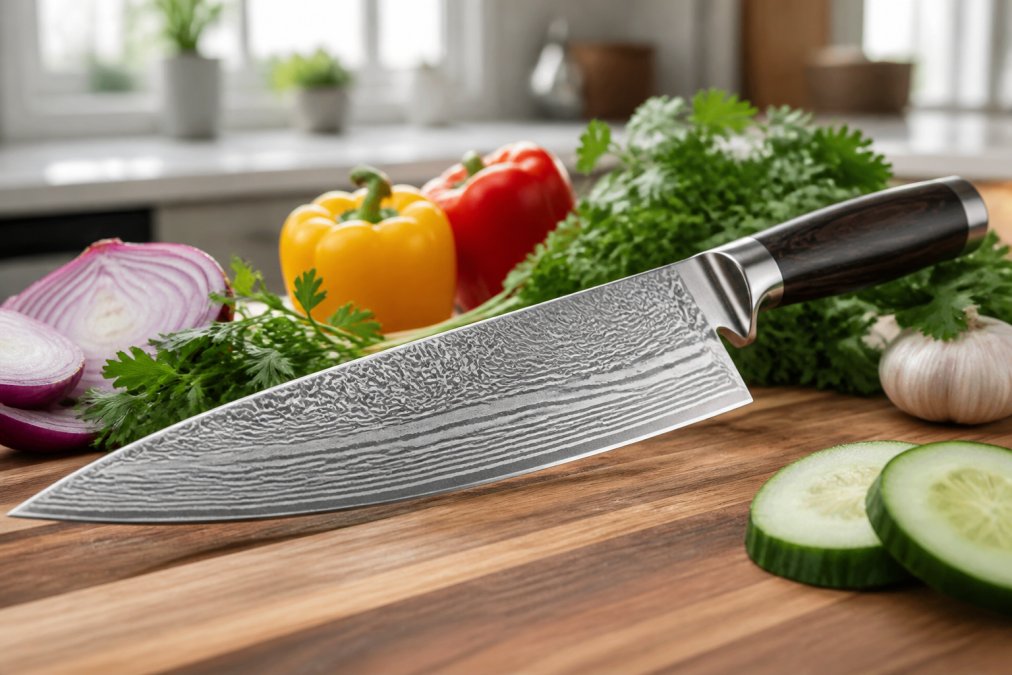 Close-up of a Damascus steel chef's knife with a visible layered wave pattern resting on a wooden cutting board, with fresh vegetables and herbs nearby in a bright home kitchen