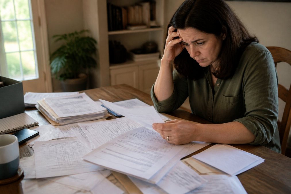 Person at computer looking concerned while reviewing personal information on screen, with papers and notes scattered on desk
