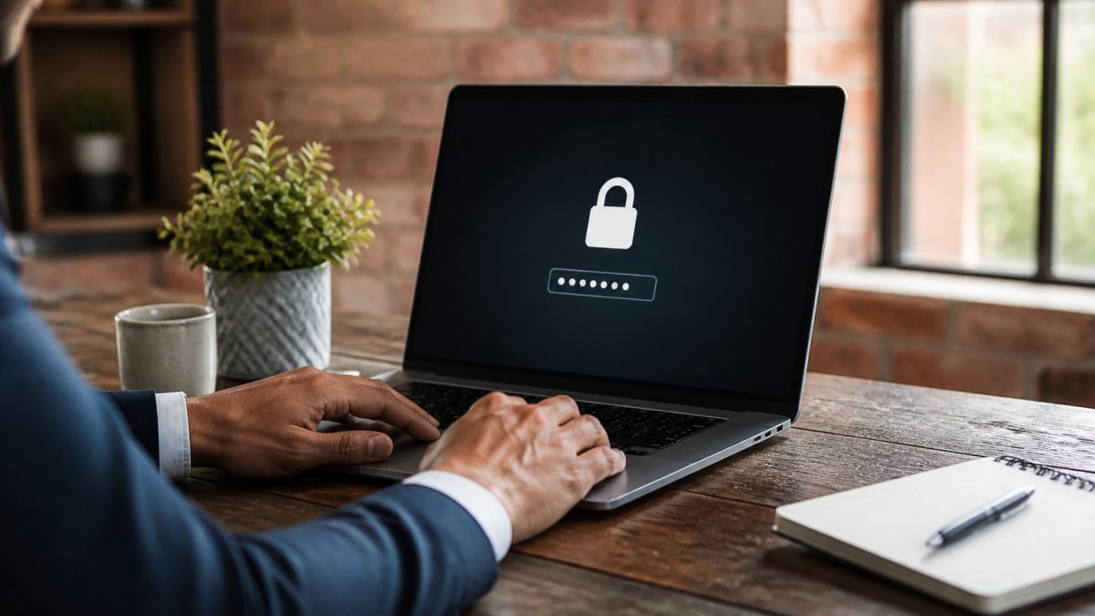Professional demonstrating secure login interface with padlock icon and password entry on laptop screen, hands typing securely