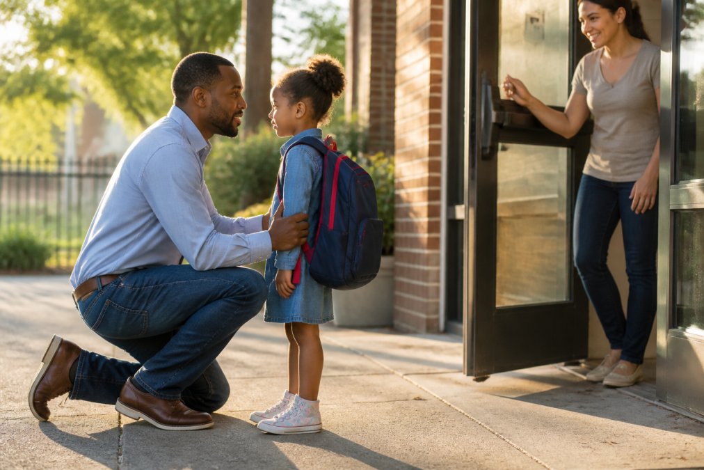 A parent kneeling to say goodbye to a young child at a daycare entrance while a caregiver holds the door, warm morning light spilling onto the sidewalk