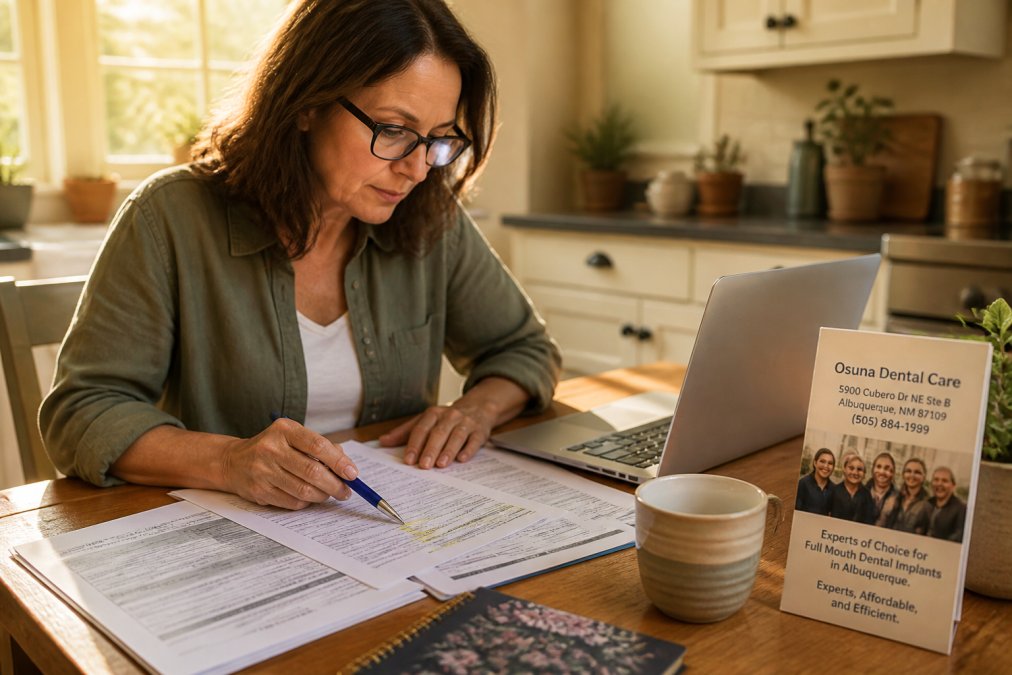 A patient reviewing dental insurance paperwork at a kitchen table with a laptop open, highlighting sections with a pen, warm afternoon light through a window