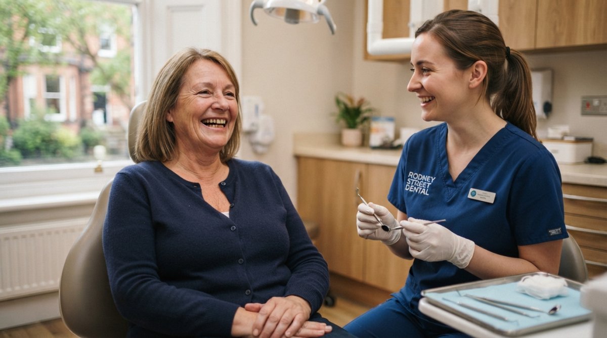 Patient smiling confidently in a dental chair, displaying a healthy natural-looking smile after implant treatment with soft clinical lighting