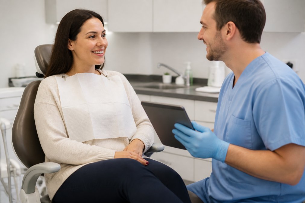 Dentist explaining a dental implants treatment plan to a patient in a bright, modern clinic setting