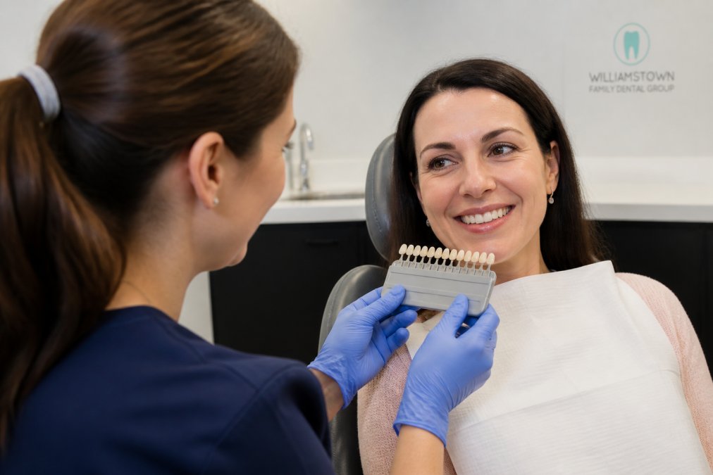 Dentist using a shade guide to assess a patient's smile, helping decide if are dental veneers really necessary.