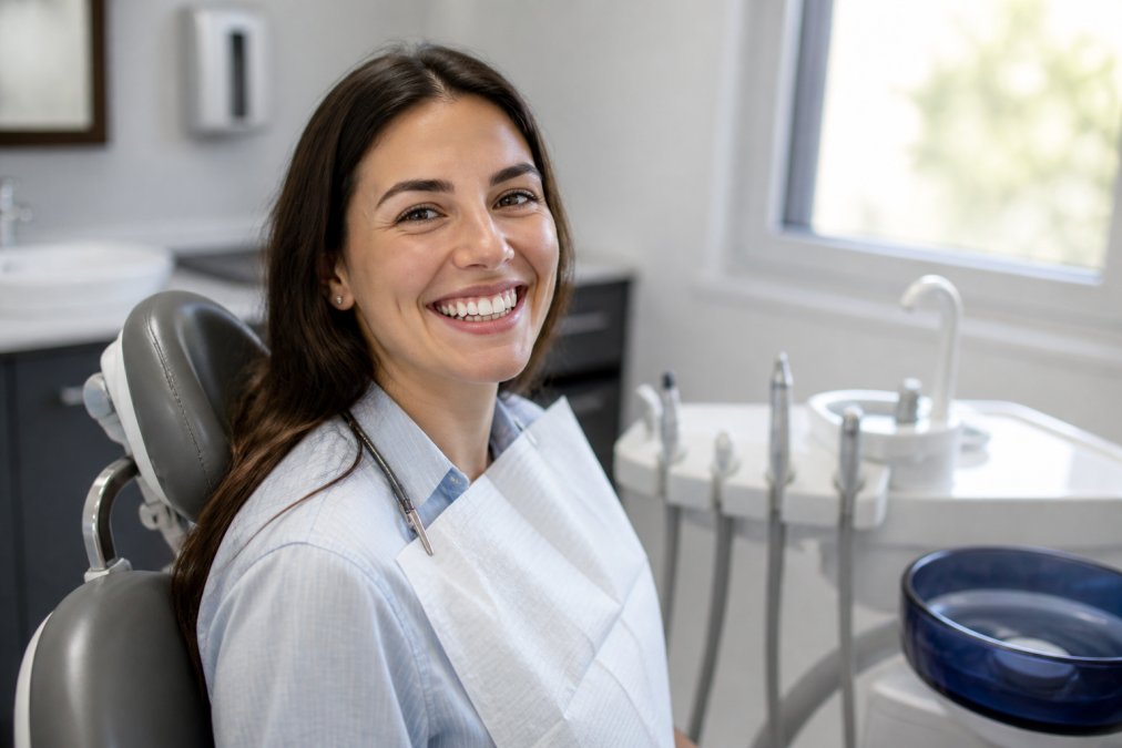 Close-up of a confident woman with a natural, healthy smile sitting in a bright, modern dental clinic chair, soft natural light from a window