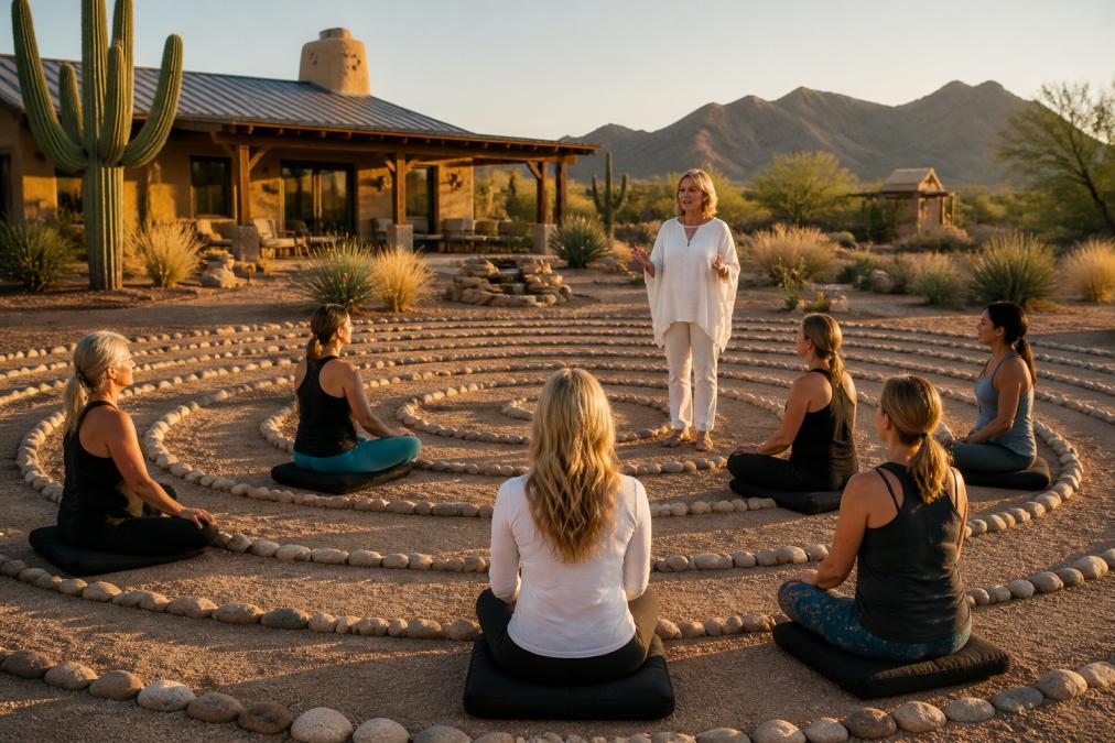 Serene adobe villa and labyrinth path at a golden hour desert wellness retreat set against mountain peaks.