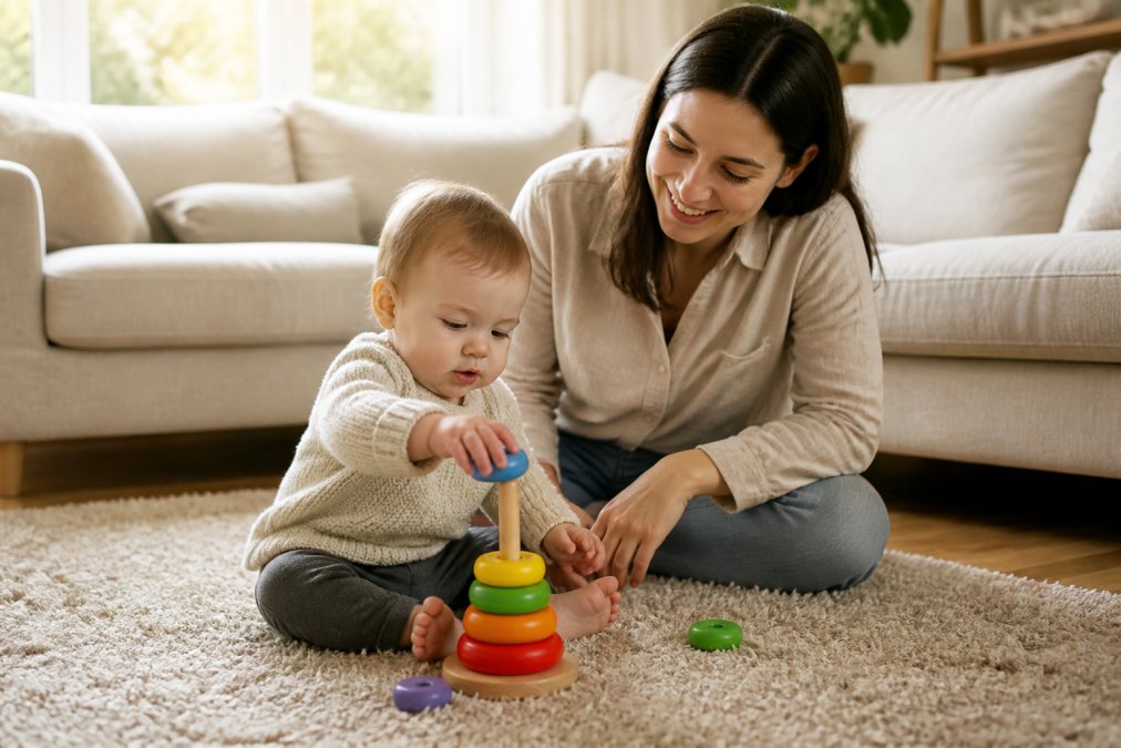 Toddler stacking colorful rings on a wooden post as developmental toys while a parent watches in a sunlit room