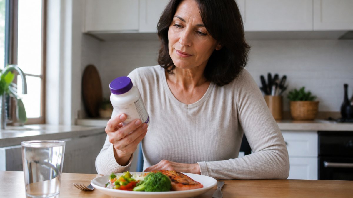 A person at a kitchen table holding a supplement bottle next to a plate of food, reading the label before a meal