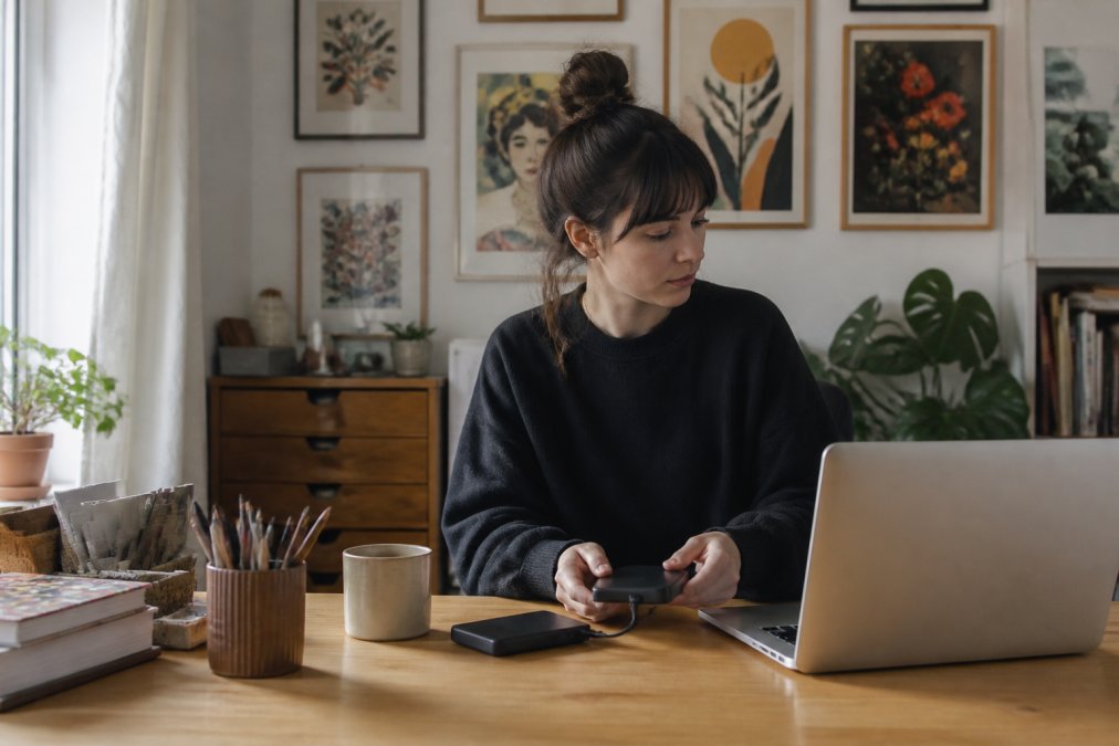 A person at a home desk organising two external hard drives and a laptop, with several framed art prints visible on the light-coloured wall behind them, soft natural window light illuminating the workspace