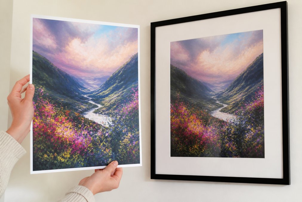 Close-up of a vibrant, high-resolution digital art print being held up by two hands next to a framed version mounted on a light cream wall, showing rich colour accuracy and sharp fine detail in warm indoor light