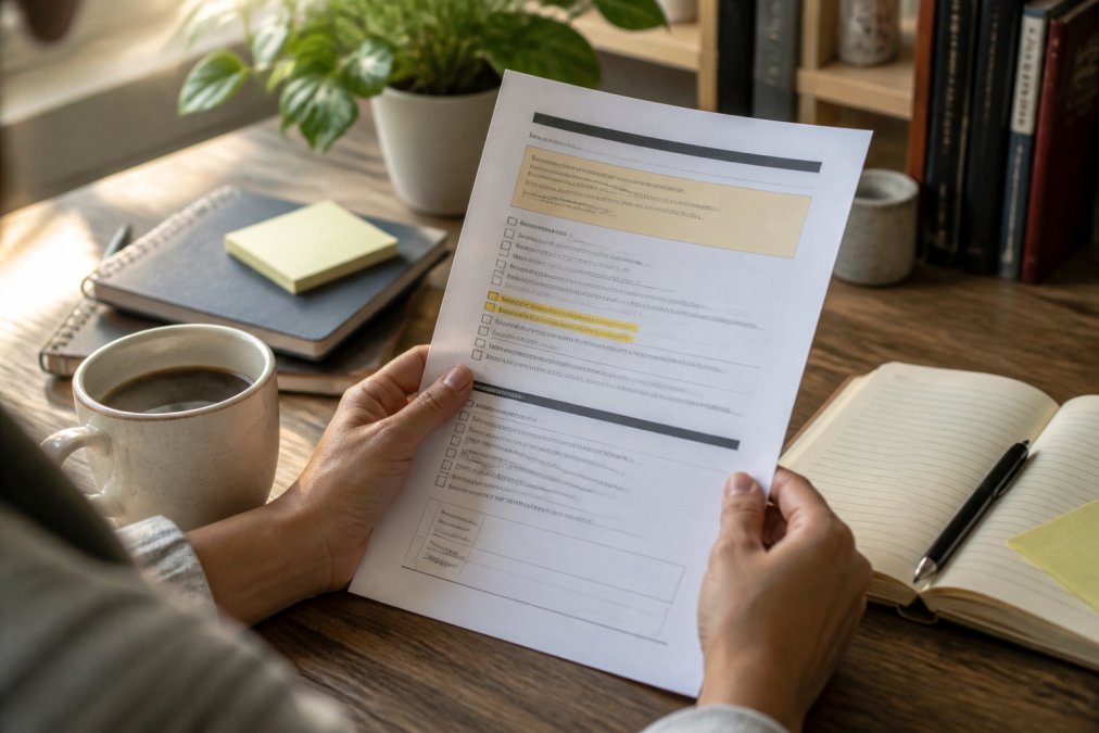 Close-up of hands holding a well-structured PDF guide printout with clear sections, checkboxes, and highlighted steps, with a coffee mug visible on a wooden desk in soft morning light
