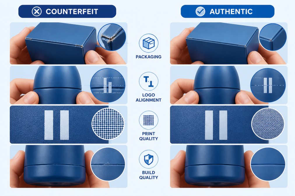 Close-up of hands holding a counterfeit product next to the authentic version, showing packaging differences, misaligned logos, and quality details side-by-side in natural lighting