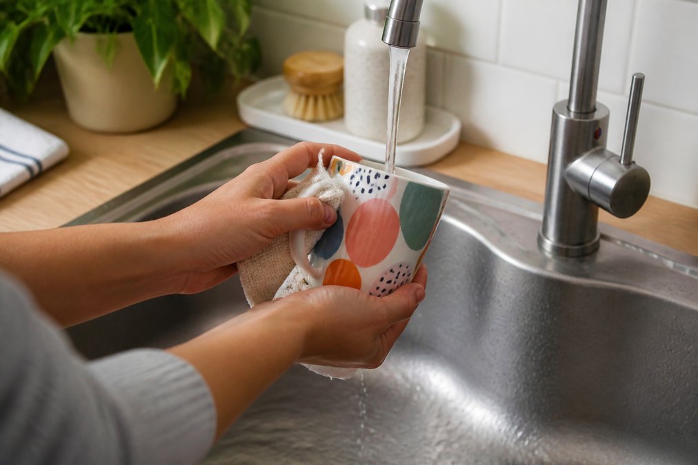 Hands gently washing a colorful custom ceramic mug under warm running water with a soft cloth, showing proper care technique in a bright kitchen sink