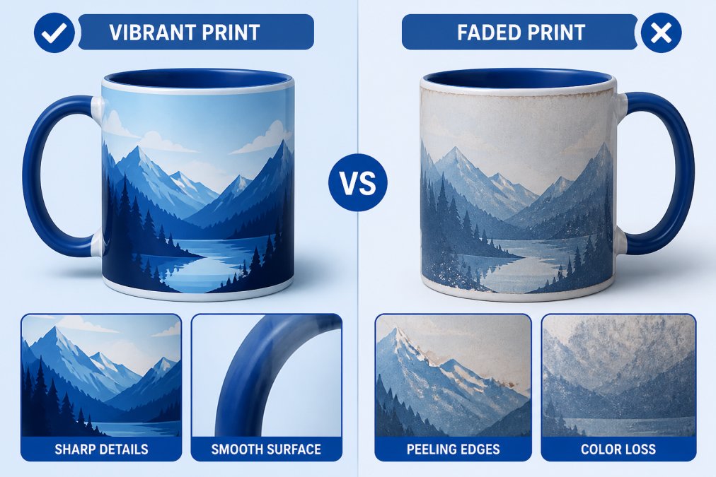 Close-up side-by-side comparison of a vibrant custom mug print next to a faded mug print showing visible wear, peeling edges, and color loss in natural lighting