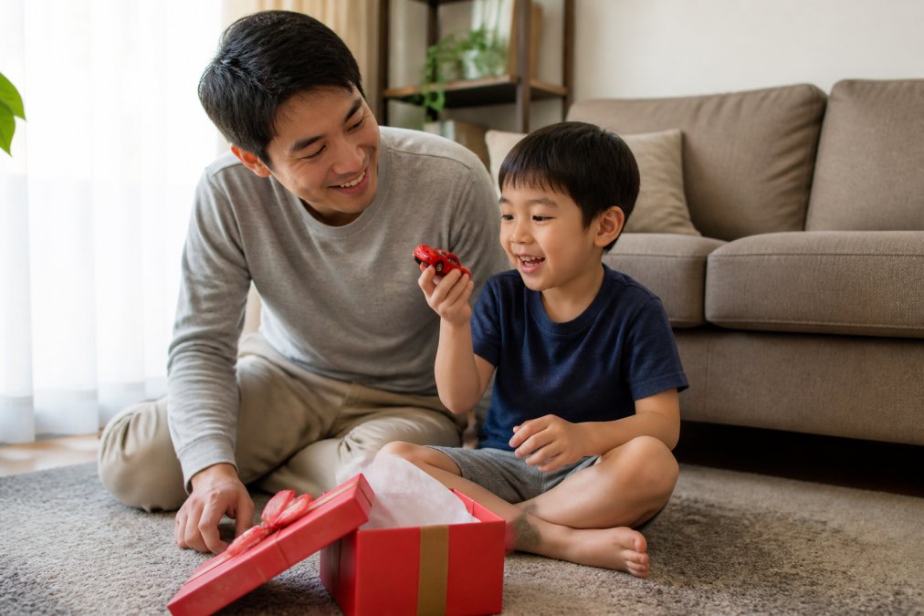A parent and child sitting on a living room floor, the child holding a small diecast Disney Cars model car while an open gift box sits nearby