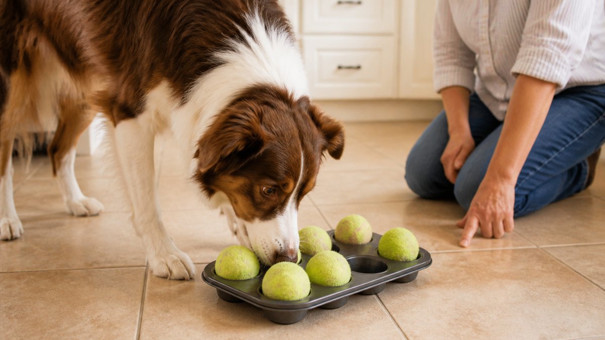 Dog searching for treats hidden under tennis balls in a muffin tin while a person supervises nearby