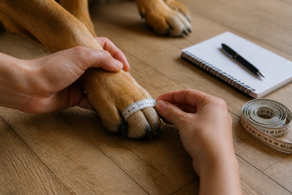 Close-up of a dog's paw being measured with a soft tape measure on a wooden floor, owner's hands gently holding the paw, natural light